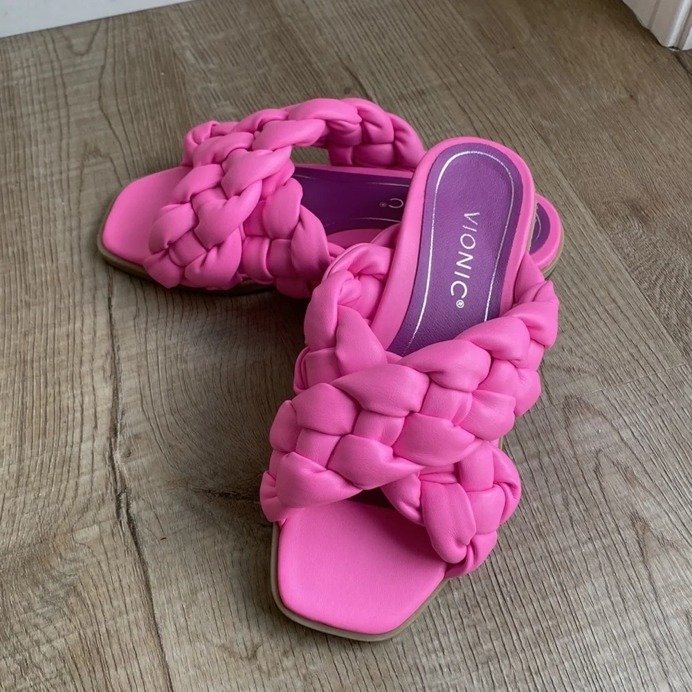 EUC Vionic Size 5 Braided Cross Strap Slides Kalina Bubblegum Pink